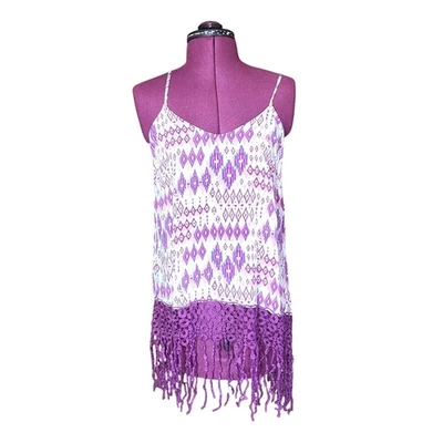 Umgee USA Purple Tassle Hem Diamond Pattern Spaghetti Stap Tank Top Size Small - Image 1 of 4