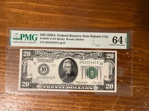 1928A $20 Federal Reserve Kansas City Fr 2051 PMG 64 EPQ; Gold On Demand - Picture 1 of 2