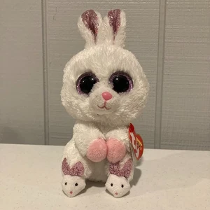 Ty Beanie Boos HAUSSCHUHE weiß rosa Hase Kaninchen 6 Zoll Plüsch TySilk Glitzeraugen - Bild 1 von 10