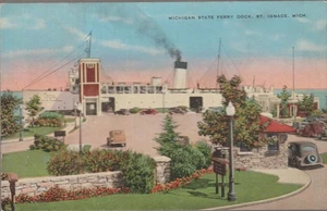 Michigan State Ferry Dock St. Ignace MI. UNP Linen Postcard - Picture 1 of 2