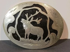 Vintag Whitetail Deer Belt Buckle Silver Tone Black Engraved Handcrafted - Picture 1 of 4