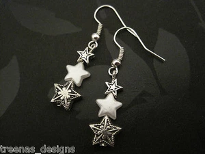 STACK TRIPLE STARS Long Drop Earrings Tibetan Silver Star SP Xmas Gift Fau Pearl - Picture 1 of 1