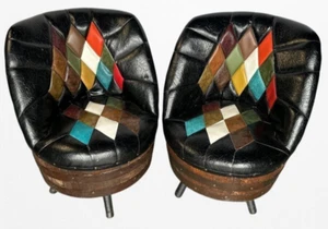 Pair Brothers Patchwork Whiskey Barrel Chairs Mid Century MCM Funky Cool Vintage - Picture 1 of 24