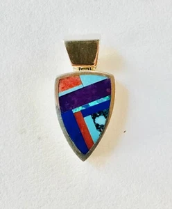 Navajo Sterling Silver Inlaid Triangle Pendant/Necklace, Signed Charleston - Picture 1 of 3