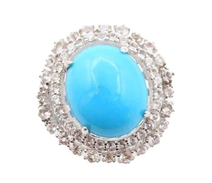 925 Sterling Silver Vintage Ring Cabochon Turquoise Halo Topaz Sz 8 RG31019 - Picture 1 of 7