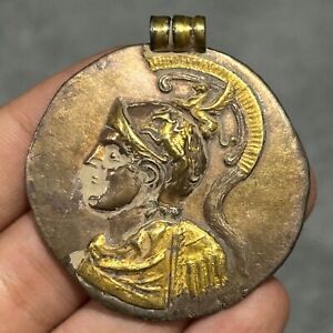 Ancient Roman Greek Emperor Face Solid Silver 18K Gold Pendant