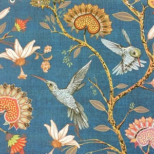 940. COLIBRÍ con FLORES en TELA 100% ALGODÓN VERDE AZULADO - Imagen 1 de 7