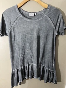 Dantelle L Shirt Short Sleeve Top Hem Ruffle Peplum Gray Mineral Acid Wash - Picture 1 of 9