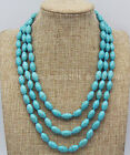 Collier perles 3 rangées 8 x 12 mm riz et 6 mm bleu turquoise bleu rond 18-20' AA