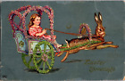 Antique Easter Anthropomorphic Fantasy Postcard Rabbit Pulling Girl In Wagon