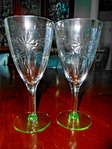 TWO Green Foot 7" Wine Glasses WESTON Vaseline Vintage Etched - Picture 1 of 9