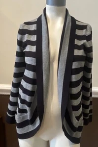 PERMANENT Black Gray Striped Cardigan Sweater Women’s Size Large Shawl Collar - Picture 1 of 9