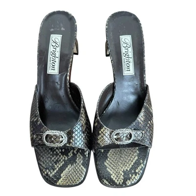 Brighton Mujer Francia Cuero Marrón Piel de Serpiente Hebilla Plateada Tacón Grueso Talla 9.5 Foto 1 de 4