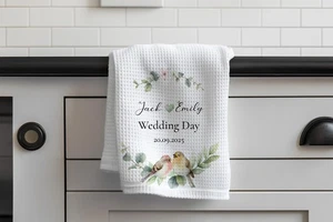 Personalised Kitchen Tea Towel, Robin Bird THEME Waffle towel, wedding item - Picture 1 of 2
