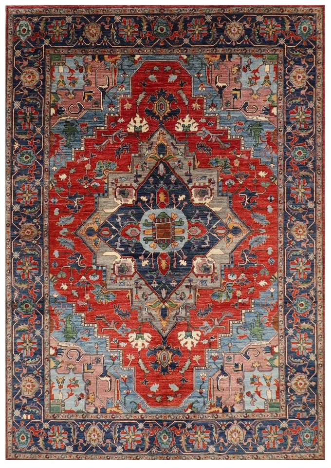 9 x 12 ft heriz Red Geometric Area Rug Afghan Hand Knotted Veg Dye Wool  Rug - Image 1 of 4