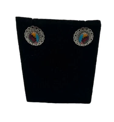 Vintage Sterling Silver Navajo Multicolored Turquoise Inlayed Earrings - Изображение 1 из 4