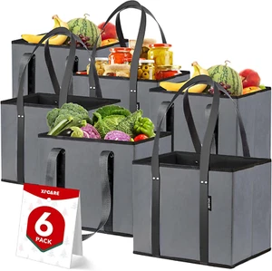 6 Pack Reusable Grocery Bags - Heavy Duty Reusable Shopping Bags with Box Shape - Picture 1 of 12