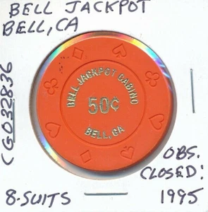 $.50 CALIFORNIA CASINO CHIP BELL JACKPOT 8-SUITS #CG032836 OBS CLOSED 1995 - Picture 1 of 2