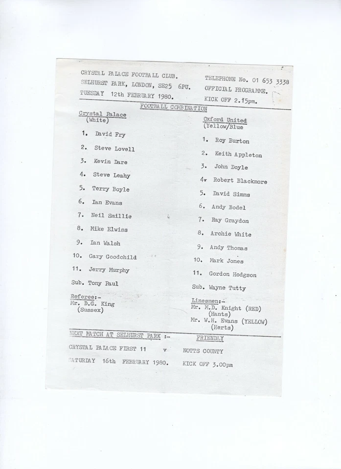 Crystal Palace v Oxford United Reserves programme 12.2.1980 - Image 1 of 1