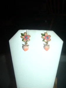 DANGLING Peach Color Enamel PEACHES FLOWER Posts Betsey Johnson Pierced EARRINGS - Picture 1 of 7