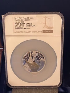 2017 Gilt France 50 Euro 5 oz Silver Statue of Liberty NGC PF70 UC Ultra Cameo - Picture 1 of 4