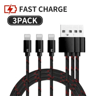 3 Pack USB Fast Charge Cable Heavy Duty for iPhone 13 12 11 8 Pro Max Mini Black - Image 1 of 3
