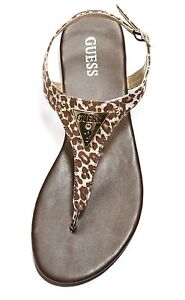 GUESS Carmela Brown Sueded Fabric Leopard T-Strap Thong Sandal w/Logo Detail