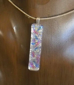 Dichroic Glass Pendant Long Multi Color Pinks Blues, Silvery White KHN1515* - Picture 1 of 8