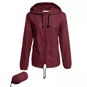 Women's Burgundy Lightweight Waterproof Rain Jacket Packable Hooded Windbreaker - Picture 1 of 13