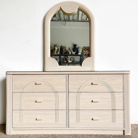 Vintage Boho Chic Pencil Reed Dresser With Mirror - 2 Pieces Cover