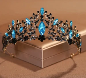 Blue Black Tiara Crown aqua crystal bridal prom birthday gift - Picture 1 of 2