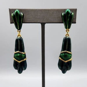 Two Tone Green Enamel Gold Tone Elongated Drop Dangle Clip Earrings - Picture 1 of 10