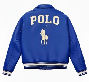 Chaqueta bomber polo azul universitaria de cuero hecha a mano bordada logotipo de caballo polo - Imagen 1 de 5