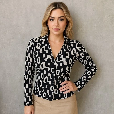 INC International Concepts Petite Black White Geo Print Blouse Top Retro Y2K - Image 1 of 4