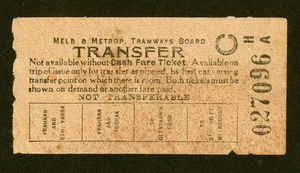 VINTAGE 1940s MELBOURNE & METROPOLITAN TRAMWAYS BOARD TRANSFER TRAM TICKET - Bild 1 von 1