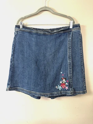 Disney Vintage Faux Wrap Denim Skirt XL Minnie Mouse Embroidered Floral Sequin - Image 1 of 4