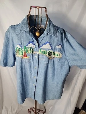 Westbound 100% 棉女式纽扣衬衫 L 码短袖刺绣  — 第 1/4 张图片