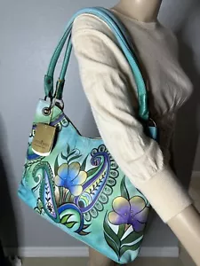 Borsa a mano Anuschka in pelle dipinta a mano - Nuova con etichette - Viola e fiori d'acqua - Foto 1 di 19
