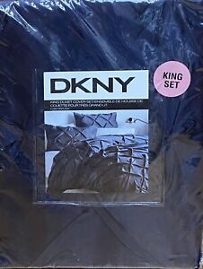 DKNY Luxe Pintuck Navy Blue King Duvet Comforter Cover Set Donna Karan
