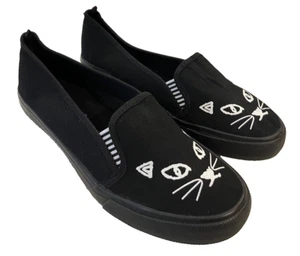 Hot Topic Black Canvas Slip On Sneakers Cat Print Size 10 / 12 Stretch Sides NEW - Picture 1 of 9