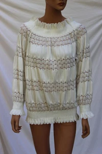 BLUSA MUJER TALLA XL JERSEY CUELLO BARCO HOMBRO FRÍO PLIEGUES ENCAJE LARGO SLV - Imagen 1 de 8