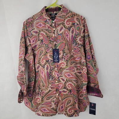 Camisa para mujer CHAPS talla 1X abotonada sin hierro ajuste adelgazante ROSA cachemira blusa arte Foto 1 de 4