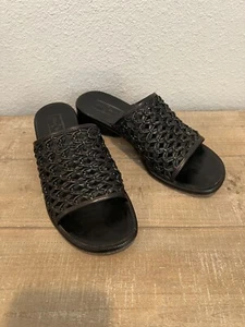 VTG 90s Cole Haan Black Leather Slides Woven Chain Link Pattern Block Heel Sz 9 - Picture 1 of 11