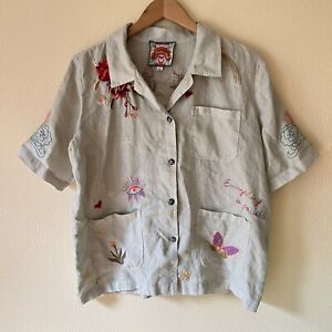 Johnny Was Monroe Short Sleeve Button Embroidered Linen Blouse Top Small