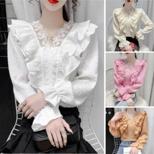 Lady Floral Lace Shirt Ruffle Tops Blouse Pullover Flared Sleeve V-neck Plain - Picture 1 of 18