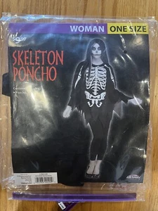New Women’s Fun World Skeleton Poncho Black & White Halloween Costume One Size - Picture 1 of 4