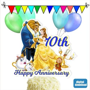 Digital Beauty and the Beast Cake Topper Personalized Name Age Happy Anniversary - Picture 1 of 4