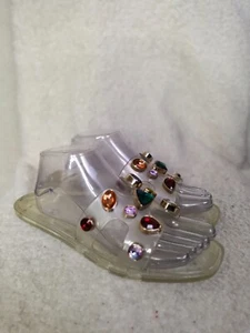 Rouge Women Sandals 10 Clear Jelly Rhinestone Embellish Slide Open Flat Shoes - Picture 1 of 22