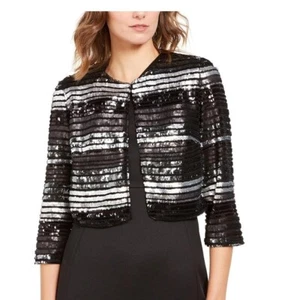 R&M Richards Womens S Black Silver Sequin Open Front Jacket NWT DH39 - Picture 1 of 5