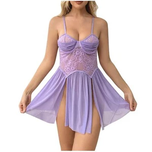Purple Women Lace Lingerie Babydoll Sexy Nighty Dress Side Slit Sleepwear Size-M - Picture 1 of 7